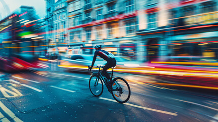 Urban cyclist in motion blur. A cyclist speeds through city streets, creating a dynamic blur of lights and motion.