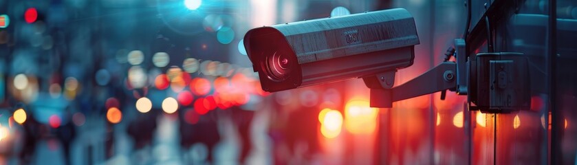 A surveillance camera mounted on a building, suspects walking below, police cars in the distance