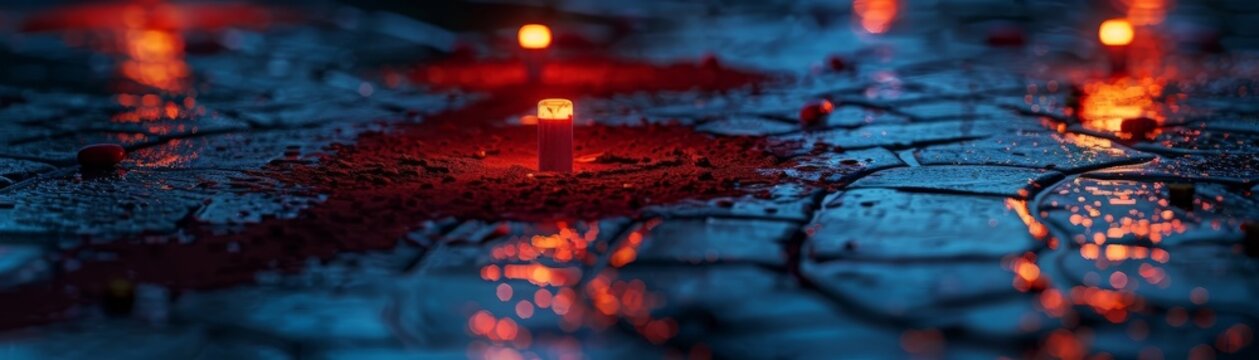 Closeup of a bloodstained crime scene with a chalk outline, evidence markers highlighting key points