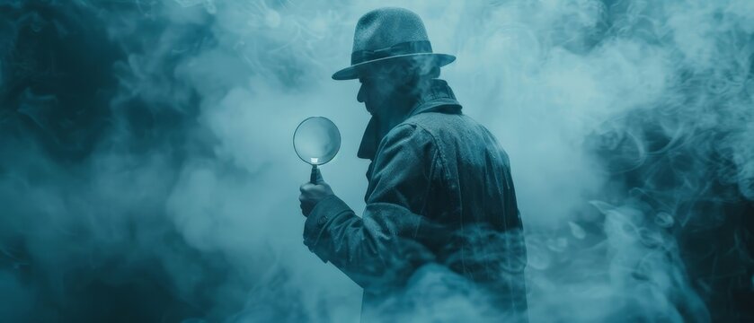 A figure in a trench coat and detective hat, magnifying glass focused on a critical clue amidst fog and mystery