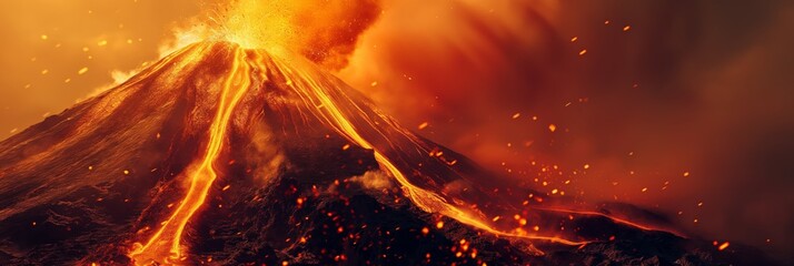 Dramatic image showcasing the raw power of an erupting volcano with lava flows and flying sparks