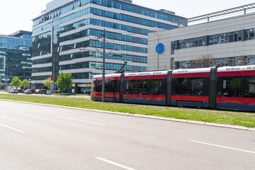 Modern tram on the city street