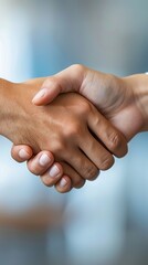 Close-up of a man and woman shaking hands in an office, symbolizing a successful business partnership