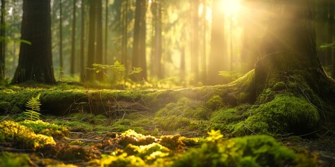 Sunlight filters through the trees in a lush forest, highlighting the green moss and forest floor