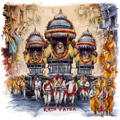 Illustration of Lord Jagannath Rath Yatra: Festival Celebration Background. Generative AI