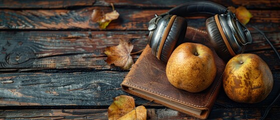 Closeup of a pear, a vintage wallet, and classic overear headphones on an old wooden surface, retro vibe