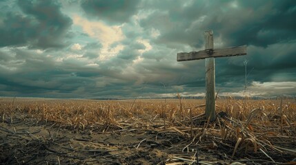 Memorial Day tribute with a solitary wooden cross in a vast field copy space, honoring heroes, realistic, silhouette against a dawn backdrop