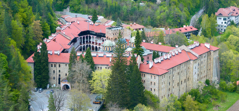 Orthodox Rila or Rilsky Monastery, aerial view of a famous tourist attraction and cultural heritage monument in the Rila Nature Park mountains in Bulgaria.