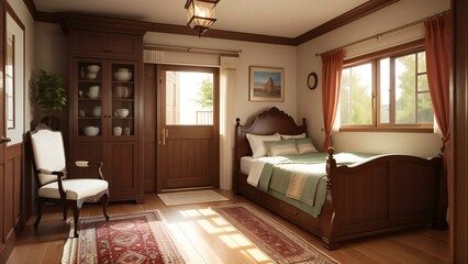 Cozy bedroom with wooden furniture, soft bedding, area rug, and sunlight creating a peaceful atmosphere through open windows