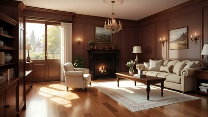 Fototapeta premium Elegant living room with a comfortable fireplace, timeless furniture, and gentle natural light pouring in from tall windows