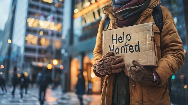 Person holding a 'help wanted' sign in an urban street, seeking assistance or job opportunity. City life backdrop.