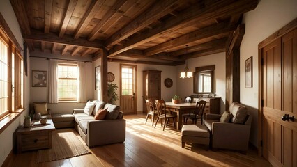 Cozy rustic living room with comfortable seating, wooden beams, and a warm, inviting atmosphere basking in sunlight