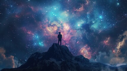 Silhouette of a person standing on a mountain peak, gazing at a vibrant, star-filled galaxy sky, reflecting exploration and wonder.
