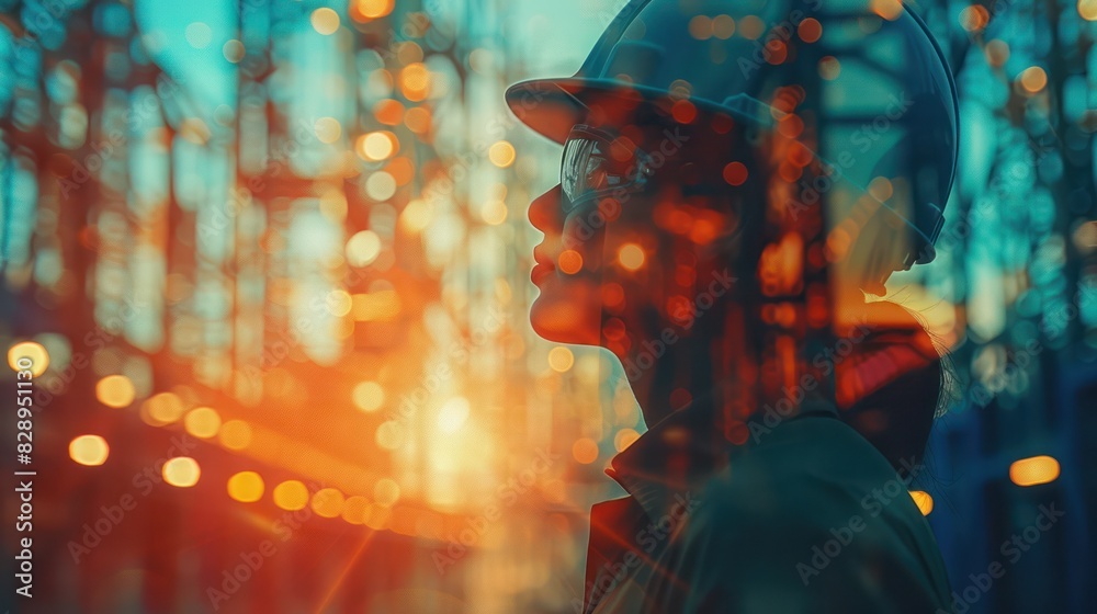 Wall mural Silhouette of a worker with a helmet, industrial background with colorful lights, concept of construction and industry.