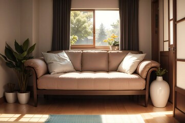 Cozy modern living room bathed in natural sunlight featuring a stylish sofa, indoor plants, and a peaceful ambiance