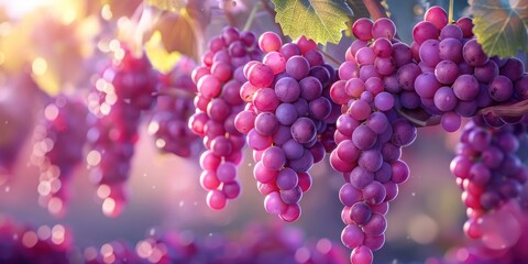 Vibrant bunches of ripe purple grapes hang on a vine with sunlight filtering through, creating a picturesque and lush vineyard scene.