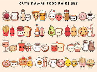 Cute happy food pairs. Isolated on white background. Vector kawaii illustration.