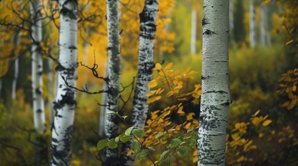 Fall landscape in the mountains a wilderness of aspen and birch trees with white and golden green colors