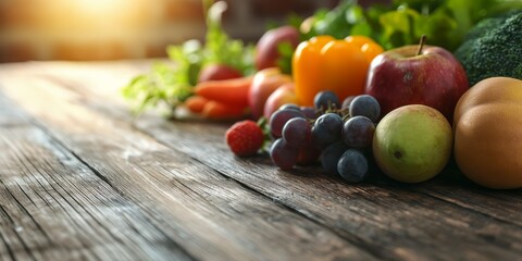 A close-up of various fresh fruits and vegetables laid out on a rustic wooden surface, bathed in natural light