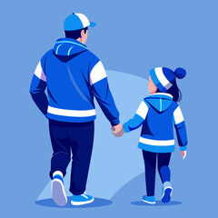 dad with daughter walking hand in hand seen from behind in blue and white sweatshirts and caps