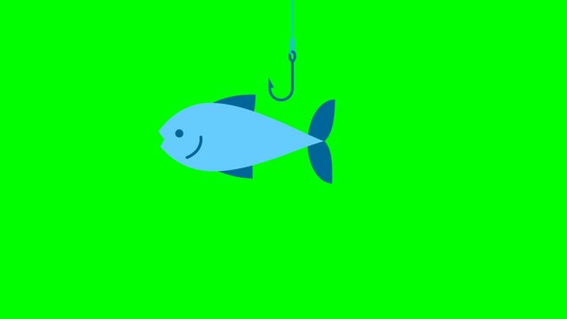 Fish looking questioningly on a fishhook. The fish was hit by the fishing hook. Metal fishing hook on a line on a green. Phishing on the Internet. Victims of phishing. 2d flat animation. Alpha channel