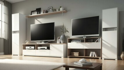 Contemporary home with a sleek entertainment system, white furniture, and warm natural lighting in a spacious and minimalist living room