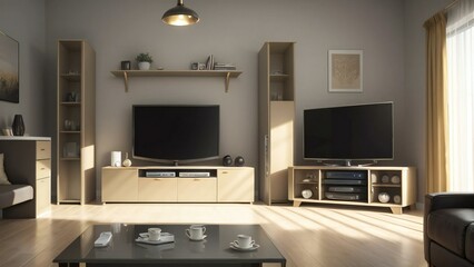 Modern and spacious living room with natural light and stylish furniture in a minimalist design