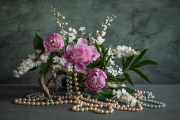 flower arrangement, tender, spring, pink peonies