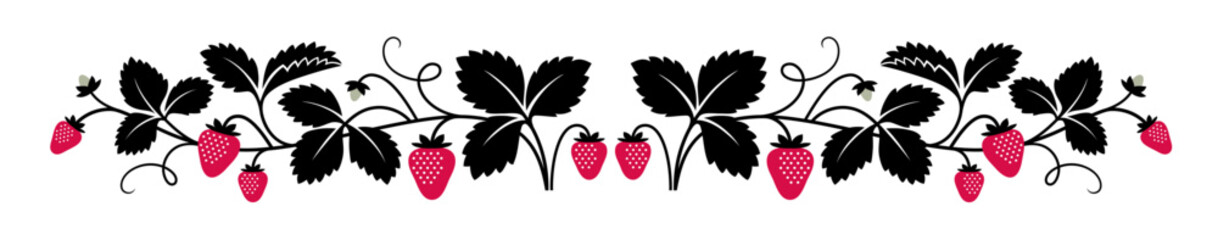 Decorative pattern or border with graphic strawberry plant illustration. Ripe summer berry background.