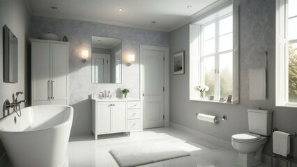 Luxurious spacious bathroom featuring a freestanding bathtub, double sink vanity, and large windows with a serene outdoor view