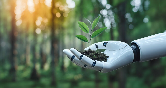 mano bionica e piccola pianta, concetto di tecnologia green