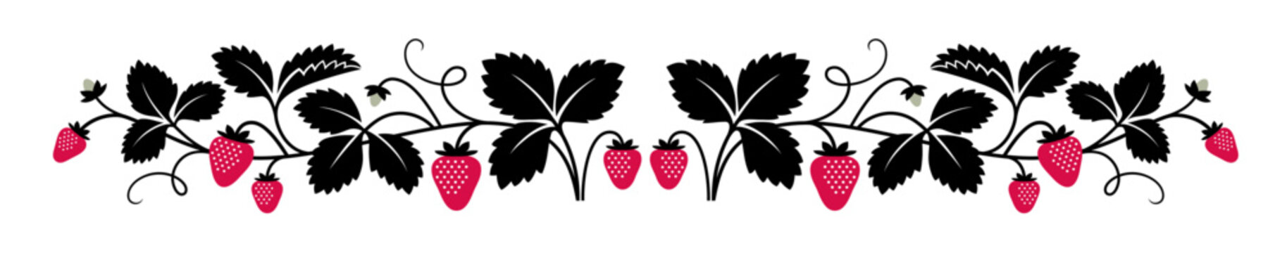 Decorative pattern or border with graphic strawberry plant illustration. Ripe summer berry background.