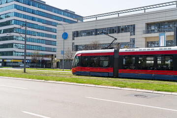 Modern tram on the city street