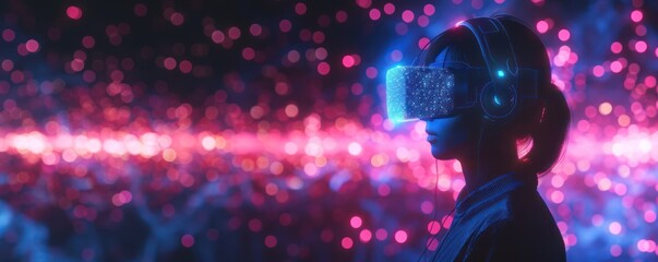 Naklejka premium A person wearing a virtual reality headset immersed in a vibrant digital world with glowing neon lights and futuristic graphics.