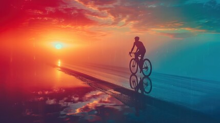 Fototapeta premium A silhouette of a cyclist riding into the colorful sunset, reflecting on a wet surface, creating a vibrant and serene atmosphere.