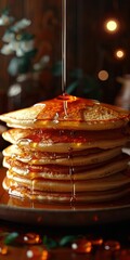 A stack of fluffy pancakes with rich syrup being poured over them, set against a warm, inviting background perfect for breakfast.