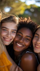 Fototapeta premium Diverse group of teenage friends standing closely together, smiling and embracing each other