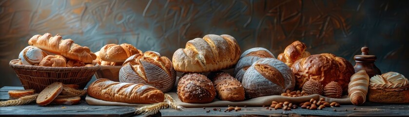 A variety of freshly baked artisan breads displayed on a rustic table, showcasing different textures and shapes against a dark background.