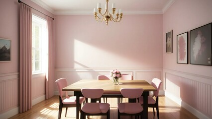 Fototapeta premium Modern dining room with pastel pink walls, wooden table, pink chairs, and a classic chandelier, bathed in natural sunlight