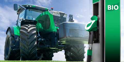 Biofuel filling station and agricultural tractor.