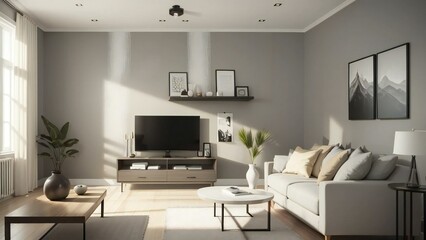 Modern living room with chic furniture, wall decor, and elegant accents illuminated by natural light