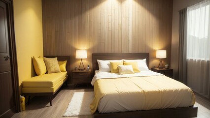 Modern and cozy bedroom interior design with a large comfortable bed, warm lighting, wooden accents, and stylish decor elements