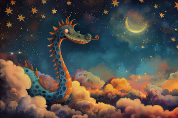 Fototapeta premium A dragon is flying through the sky with a crescent moon in the background