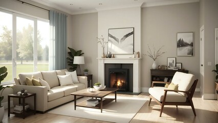 Inviting and chic living room with a glowing fireplace, contemporary decor, and a peaceful vista from generous windows