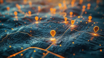 Abstract representation of a digital map with glowing location pins highlighted, showcasing geographical point data and connectivity.