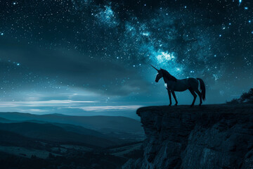 A unicorn stands on a rocky ledge in the night sky
