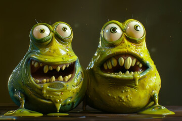 Two green monsters with big eyes and teeth are standing next to each other