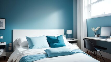 Elegant and modern bedroom with a calming blue color palette, cozy bedding, and a well-lit workspace