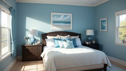 Elegant master bedroom with a coastal theme, featuring blue walls, ocean artwork, and natural light, evoking a calm, serene atmosphere