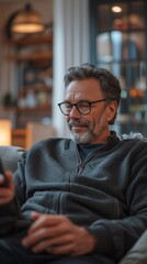 Obraz premium A middle-aged man sits on a couch, looking intently at a cell phone in his hand